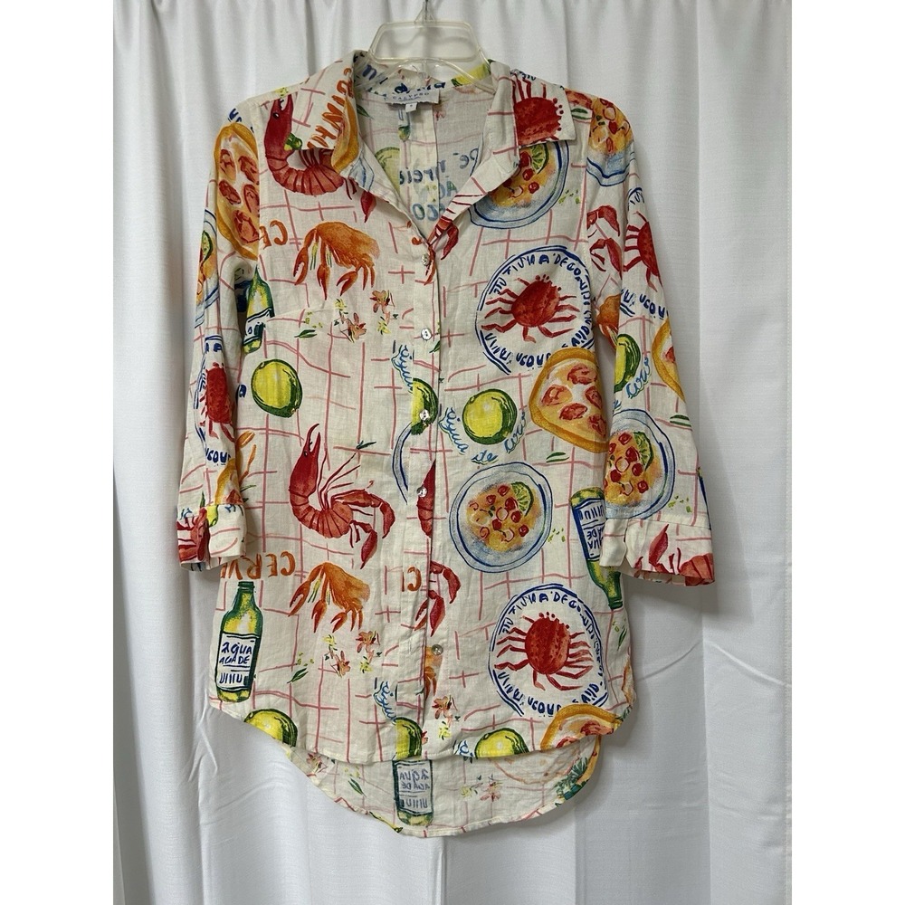 Calypso St. Barth Linen Blend Shirt Seafood Print Lobster S **Button Missing